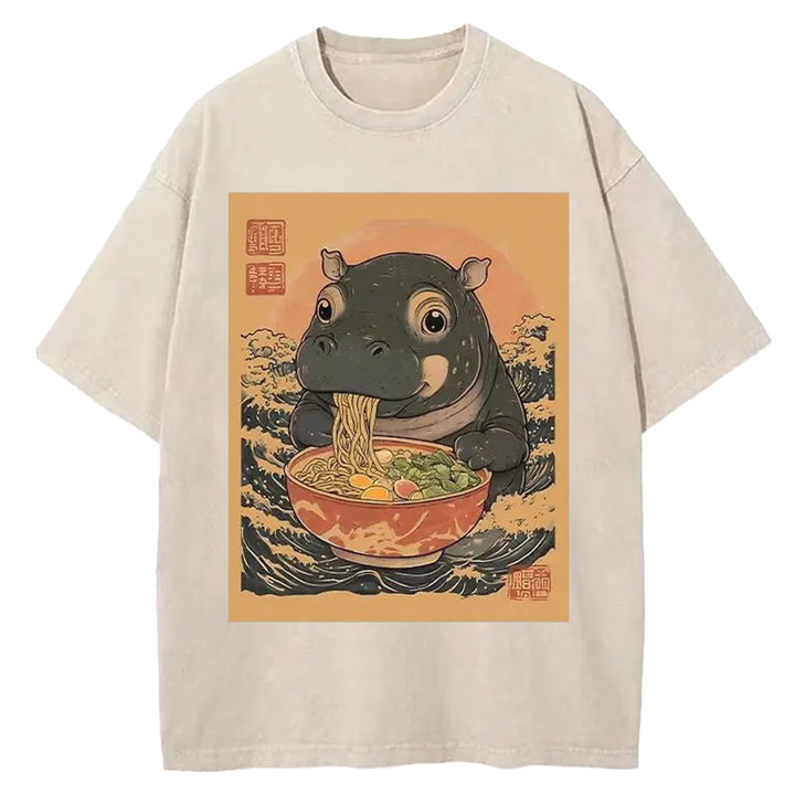 Hippo Eats Ramen Washed Crew Neck T-shirt