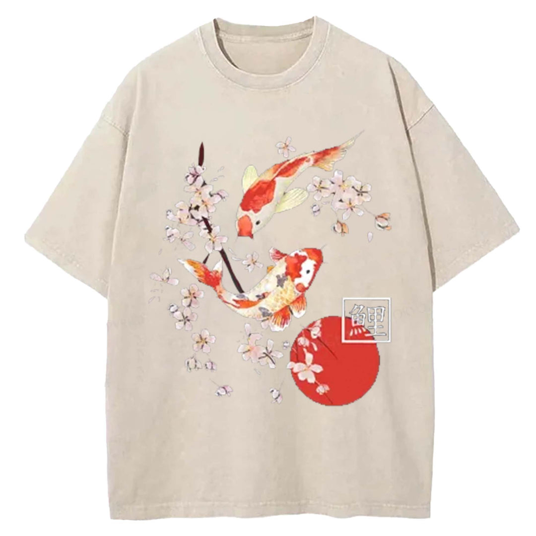 Traditional Asian Cherry Blossom Art Washed Crew Neck T-Shirt