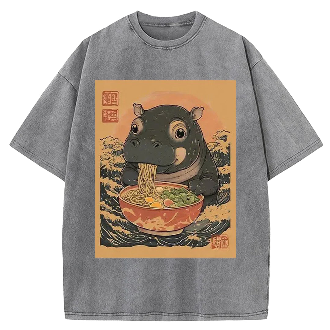 Hippo Eats Ramen Washed Crew Neck T-shirt