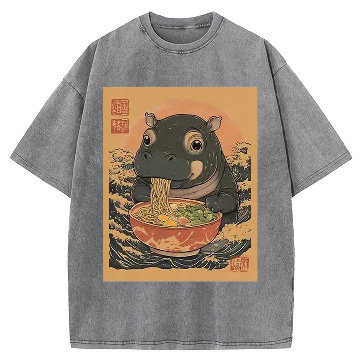 Hippo Eats Ramen Washed Crew Neck T-shirt