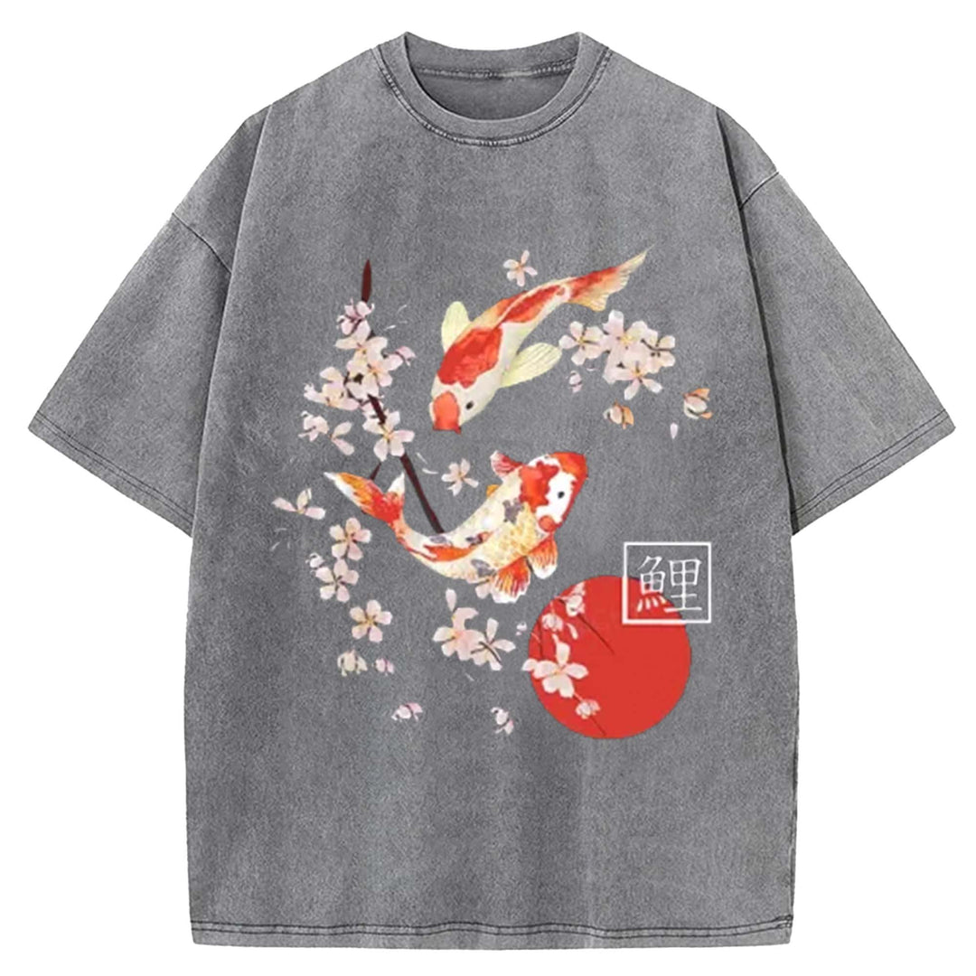 Traditional Asian Cherry Blossom Art Washed Crew Neck T-Shirt