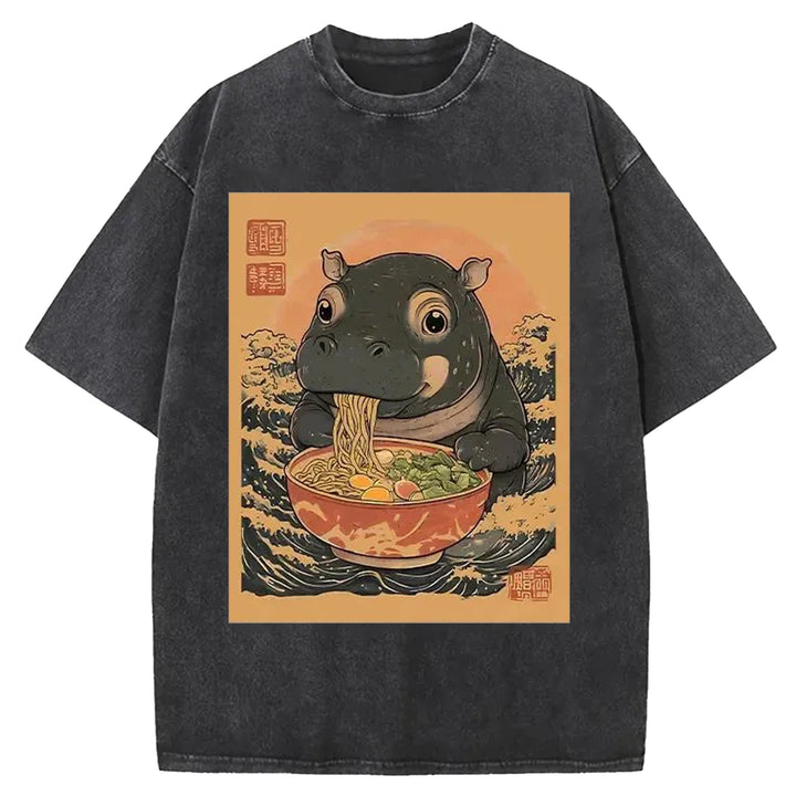 Hippo Eats Ramen Washed Crew Neck T-shirt