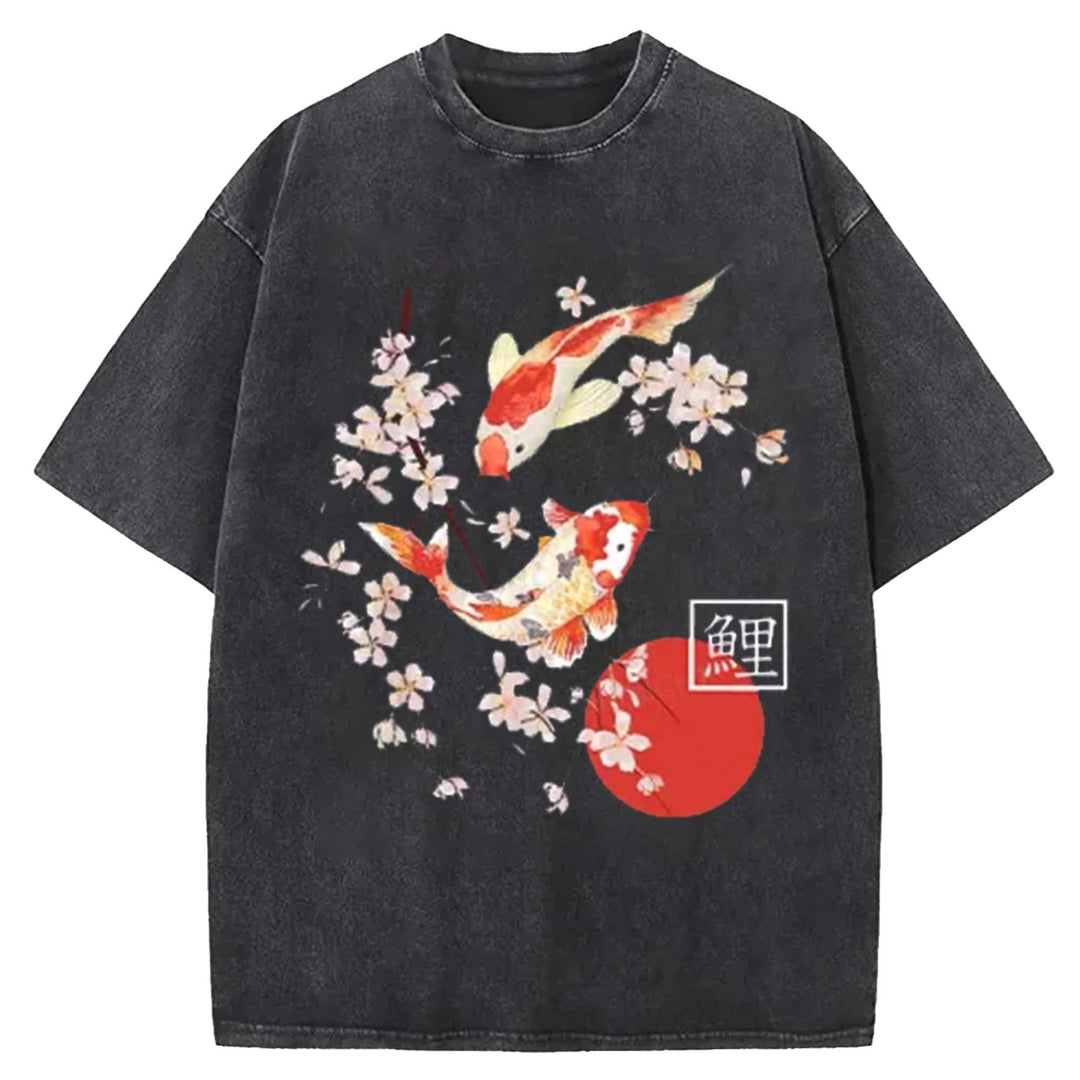Traditional Asian Cherry Blossom Art Washed Crew Neck T-Shirt
