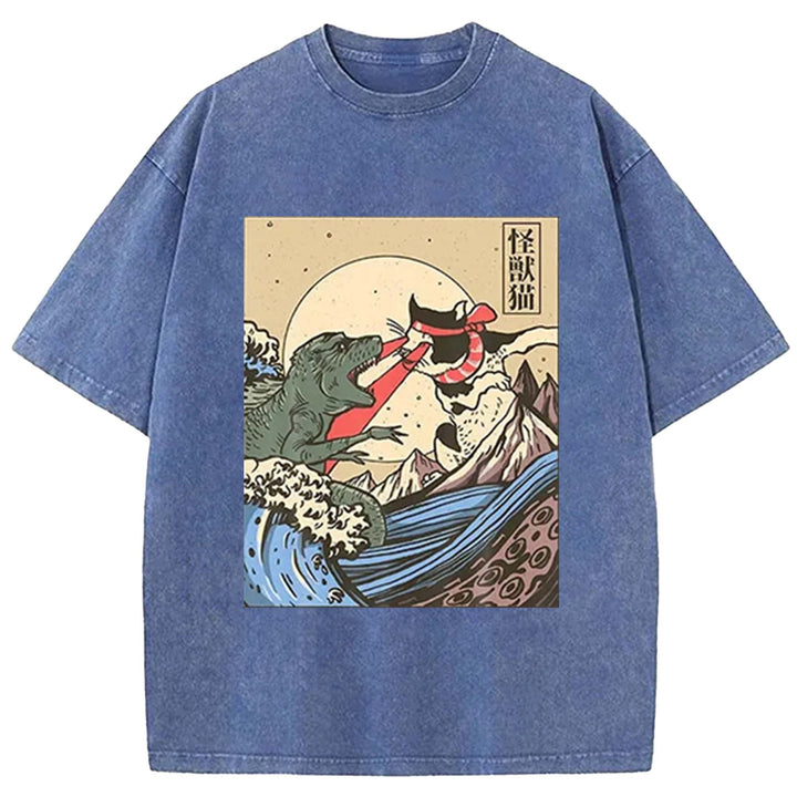 Kaiju Monster vs Cat Laser Eye Fight Washed Crew Neck T-Shirt