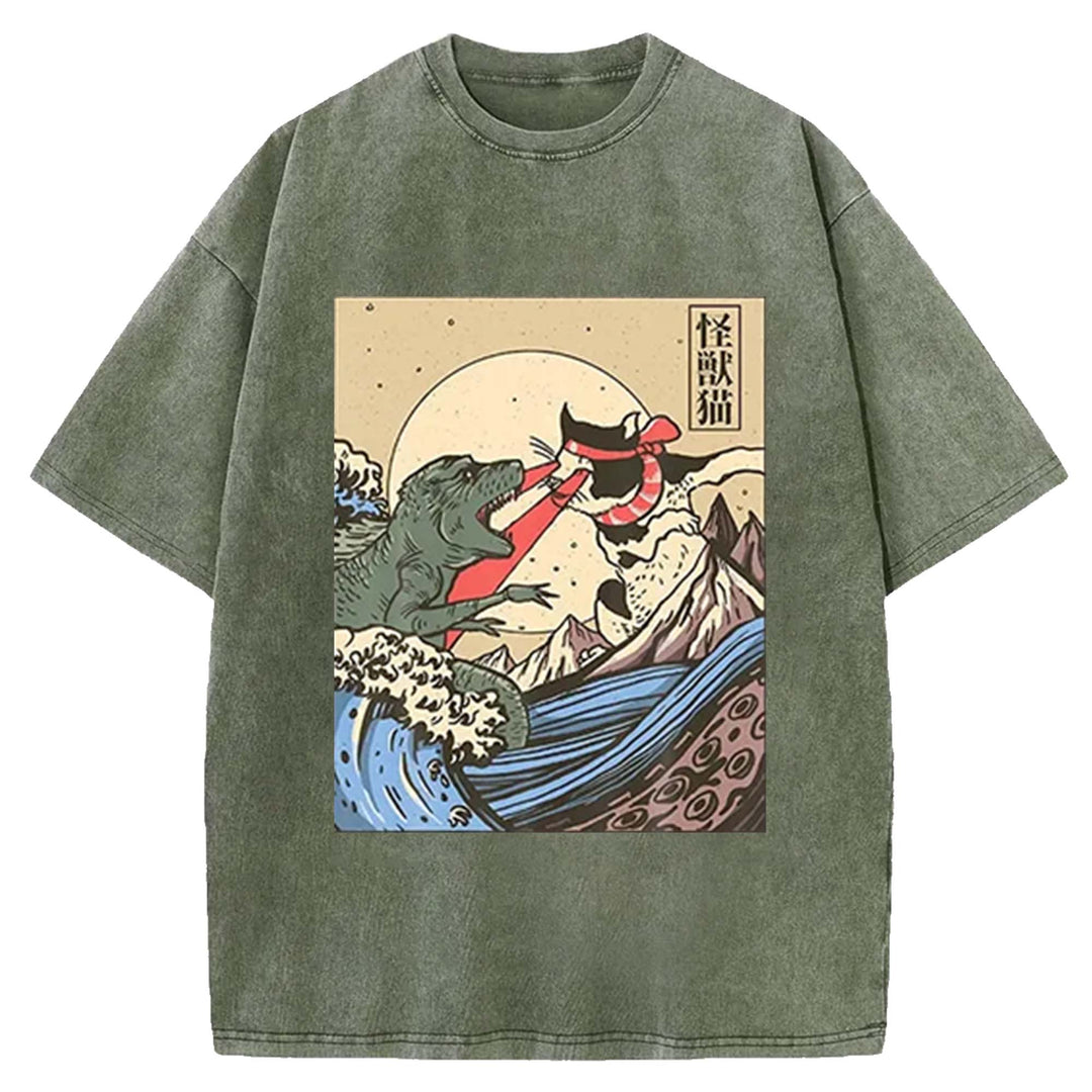 Kaiju Monster vs Cat Laser Eye Fight Washed Crew Neck T-Shirt