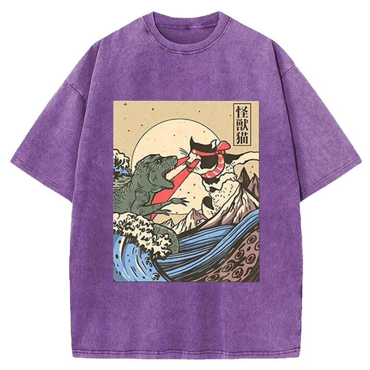 Kaiju Monster vs Cat Laser Eye Fight Washed Crew Neck T-Shirt