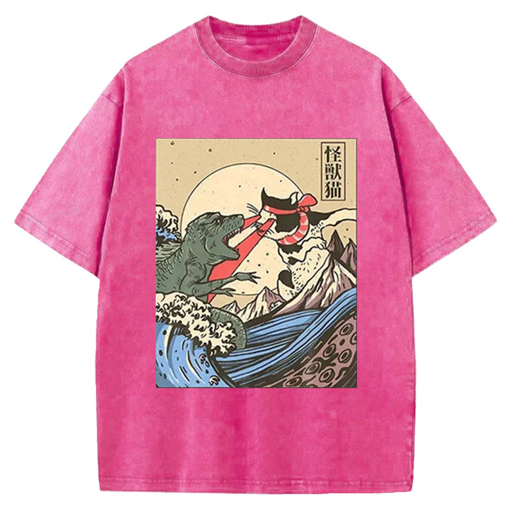 Kaiju Monster vs Cat Laser Eye Fight Washed Crew Neck T-Shirt