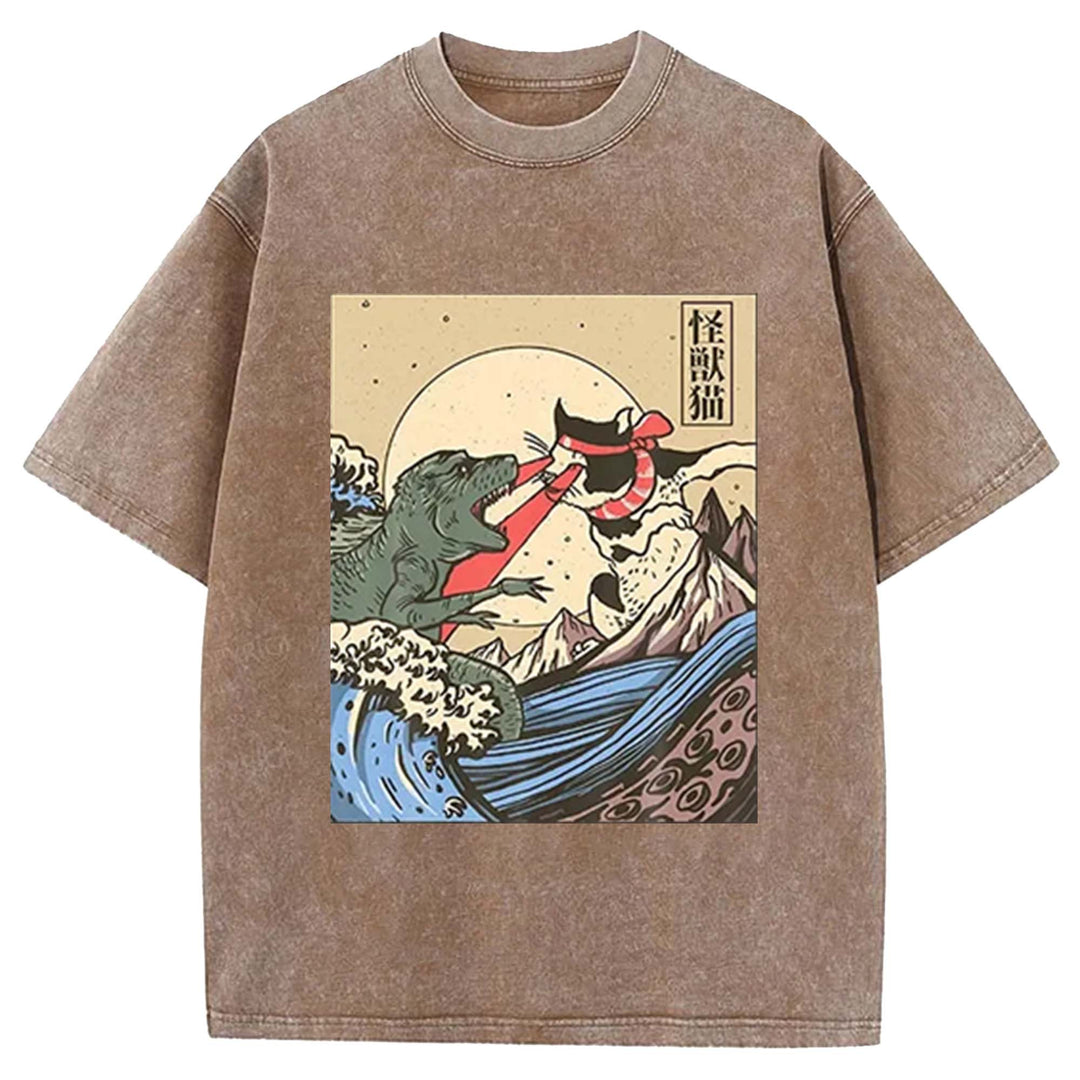 Kaiju Monster vs Cat Laser Eye Fight Washed Crew Neck T-Shirt