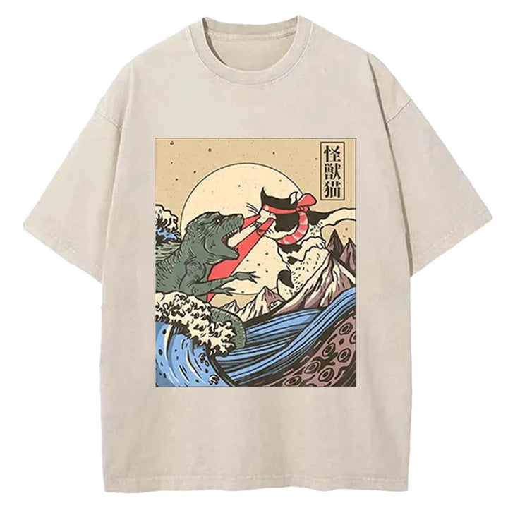 Kaiju Monster vs Cat Laser Eye Fight Washed Crew Neck T-Shirt