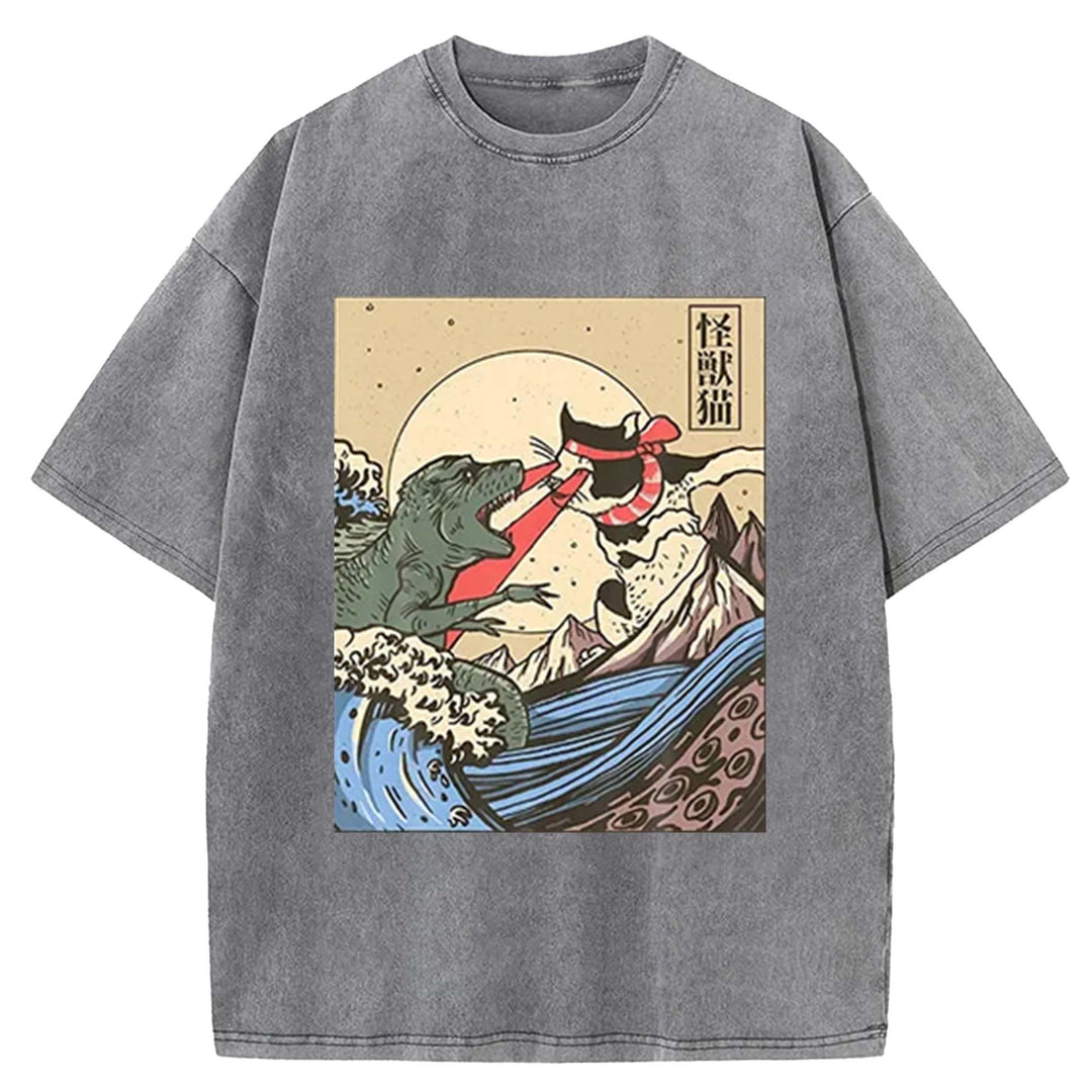 Kaiju Monster vs Cat Laser Eye Fight Washed Crew Neck T-Shirt