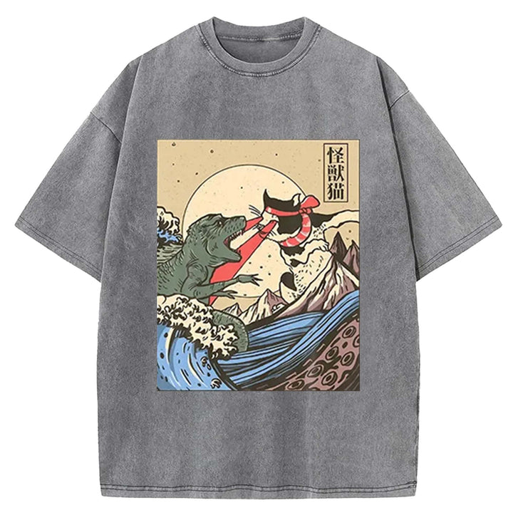 Kaiju Monster vs Cat Laser Eye Fight Washed Crew Neck T-Shirt