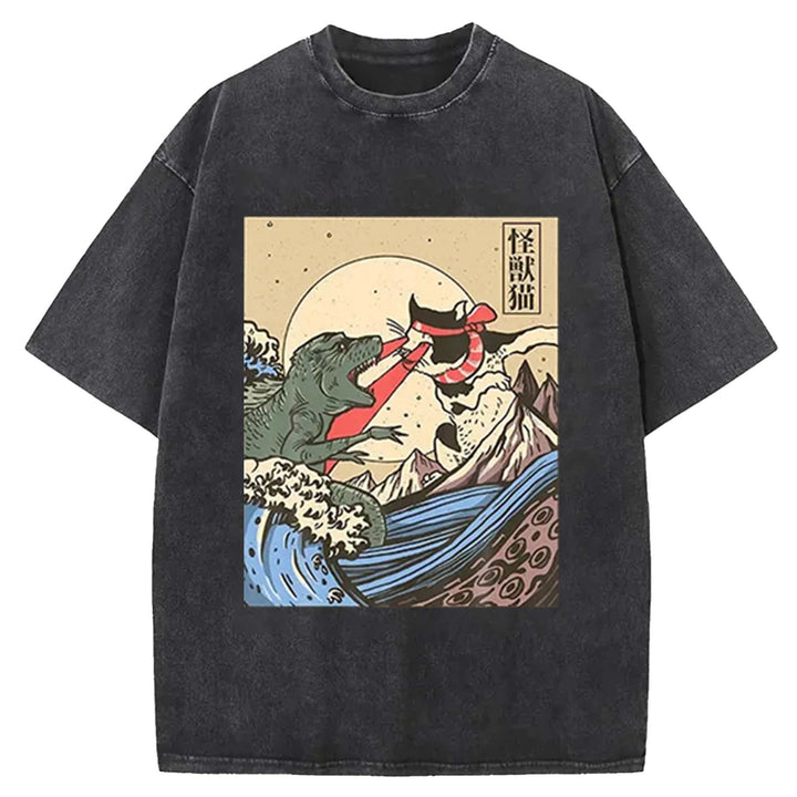 Kaiju Monster vs Cat Laser Eye Fight Washed Crew Neck T-Shirt