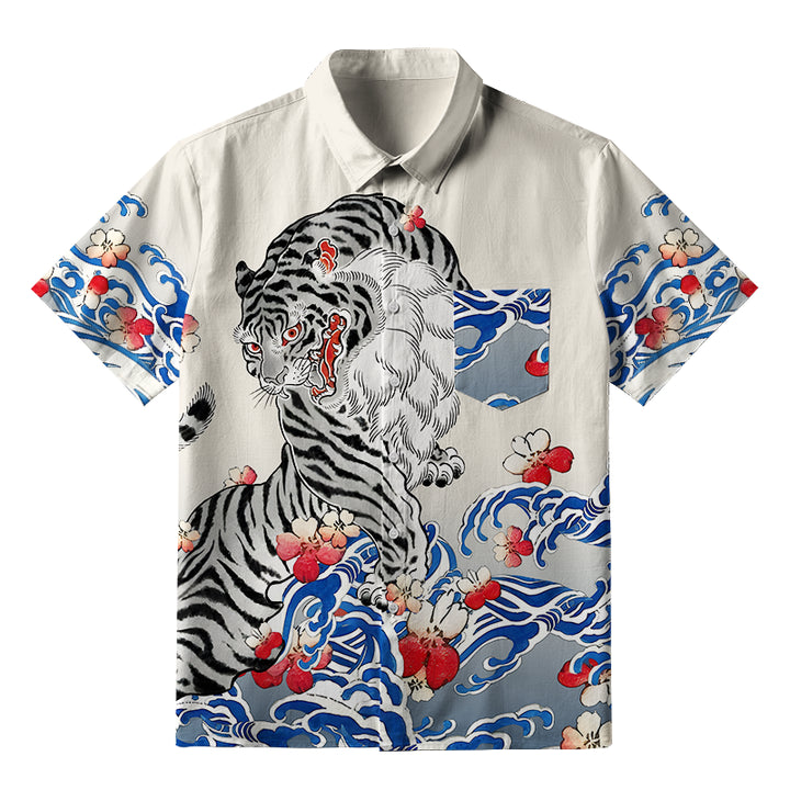 Fierce Tiger Amidst Sakura Wave Button-up Shirt