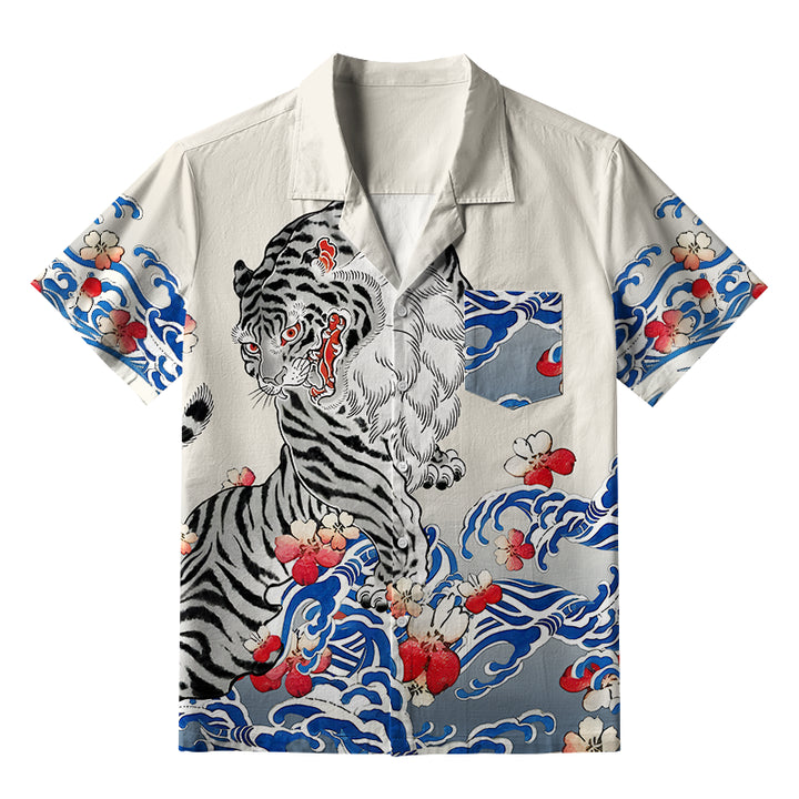 Fierce Tiger Amidst Sakura Wave Aloha Hawaiian Shirt