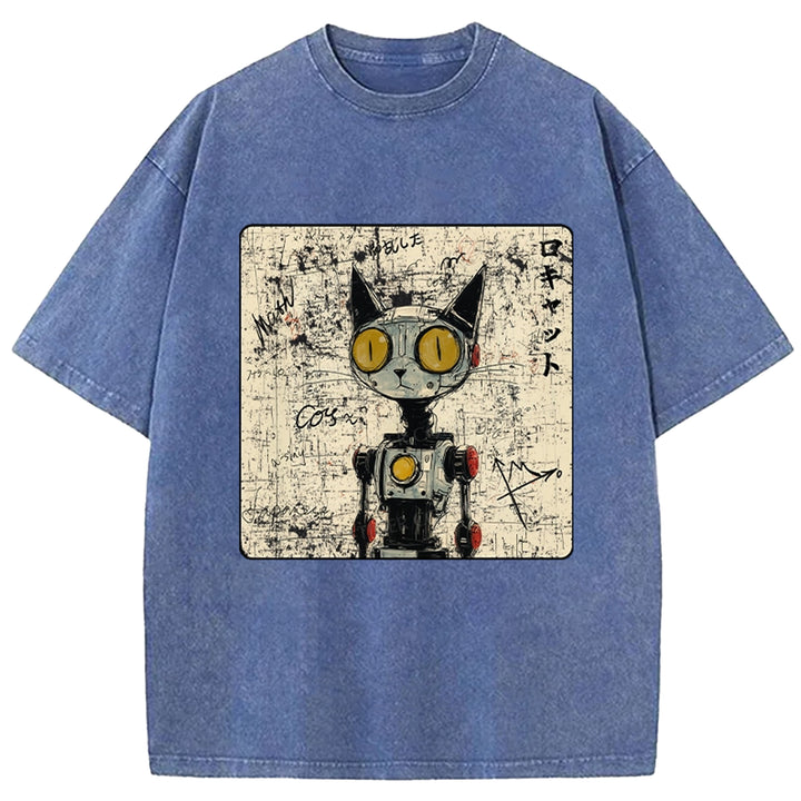 Robot Cat Washed Crew Neck T-shirt