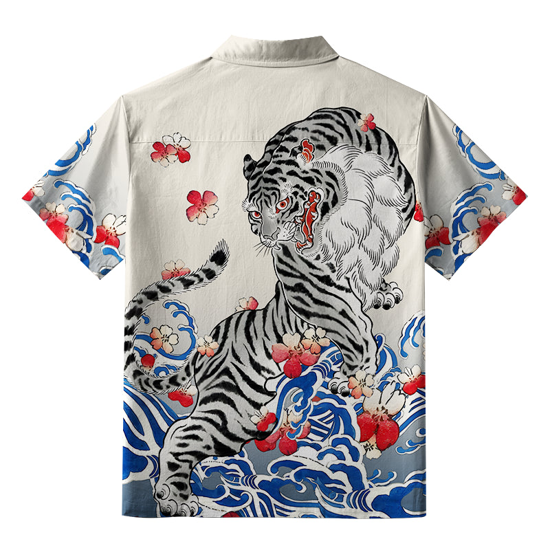 Fierce Tiger Amidst Sakura Wave Button-up Shirt