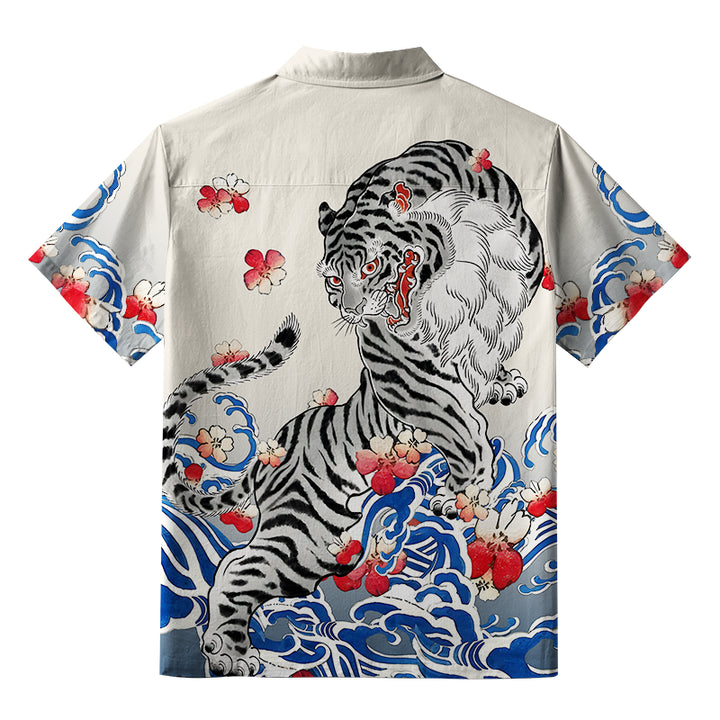 Fierce Tiger Amidst Sakura Wave Button-up Shirt