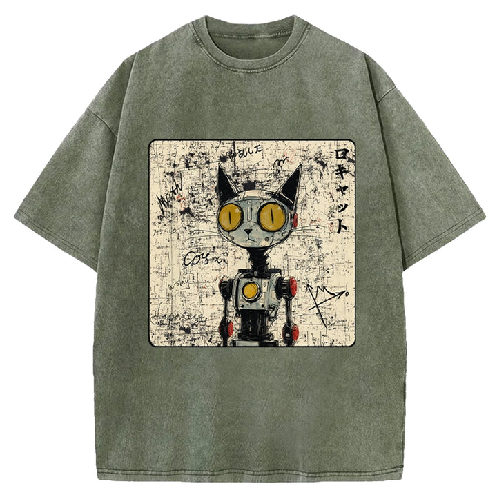Robot Cat Washed Crew Neck T-shirt