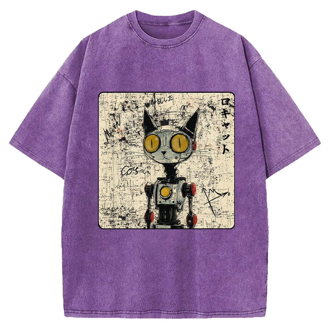 Robot Cat Washed Crew Neck T-shirt