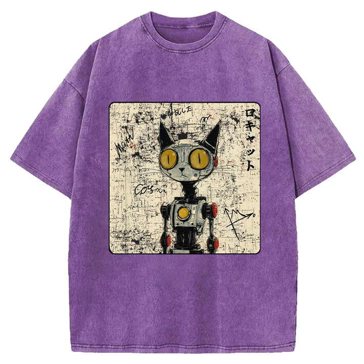 Robot Cat Washed Crew Neck T-shirt