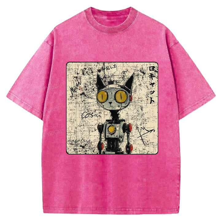 Robot Cat Washed Crew Neck T-shirt