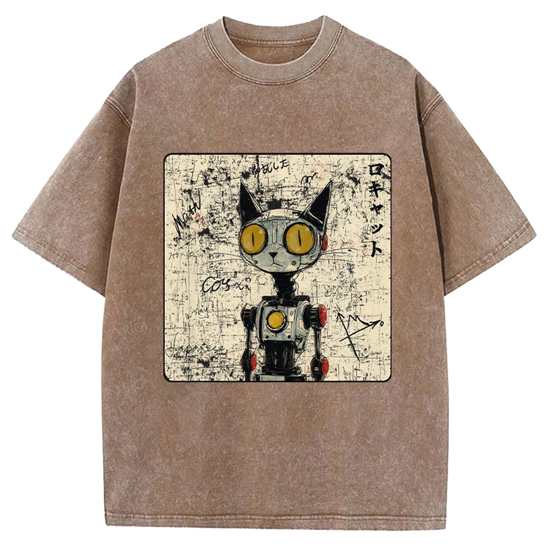 Robot Cat Washed Crew Neck T-shirt