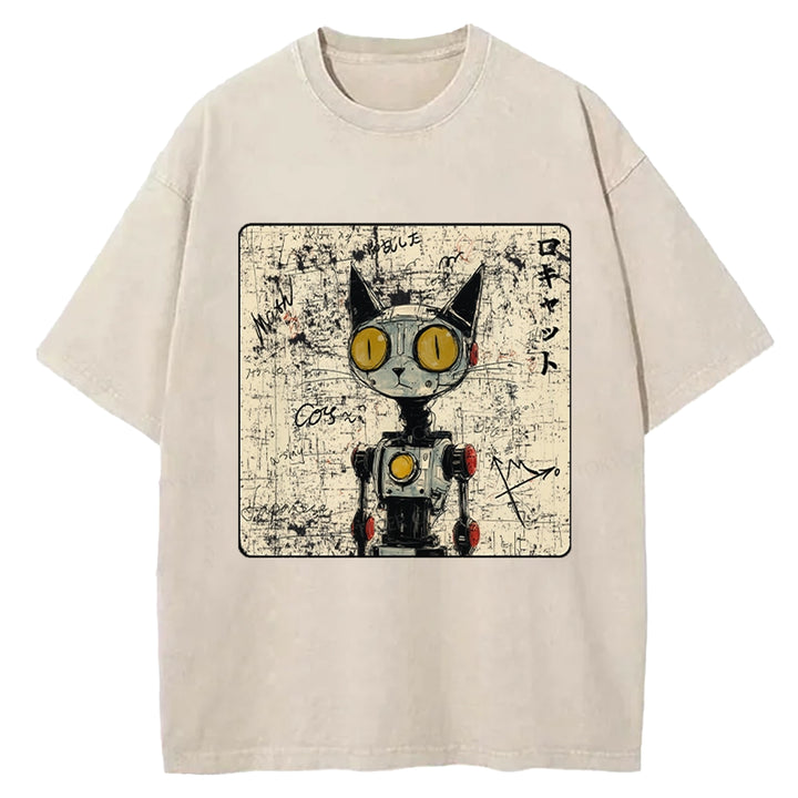 Robot Cat Washed Crew Neck T-shirt