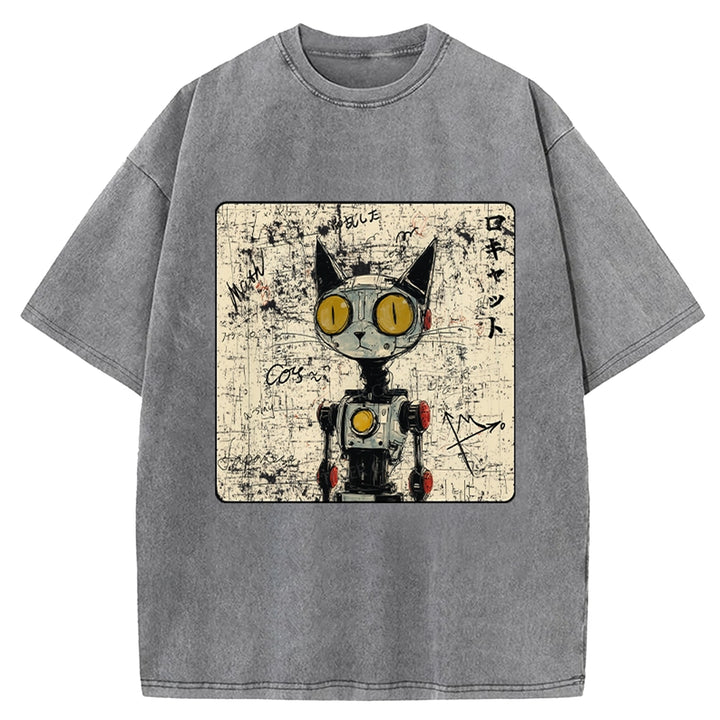 Robot Cat Washed Crew Neck T-shirt