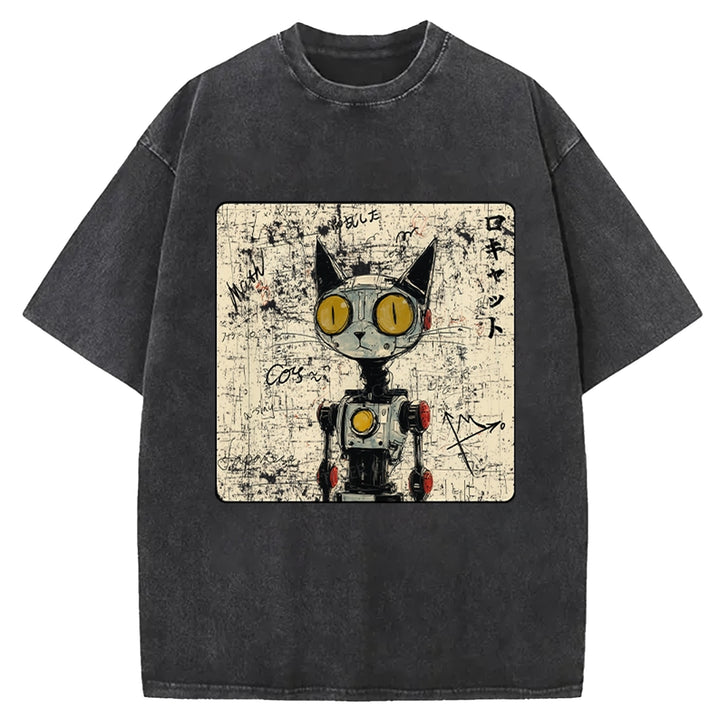 Robot Cat Washed Crew Neck T-shirt