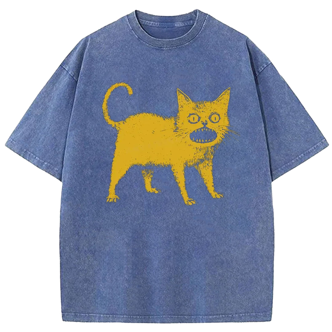Yellow Surprised Cat Washed Crew Neck T-shirt