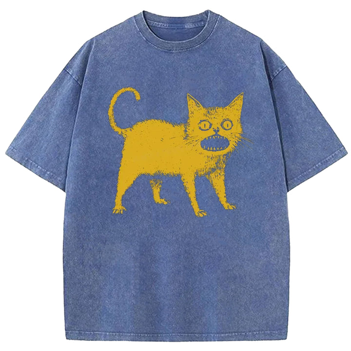 Yellow Surprised Cat Washed Crew Neck T-shirt