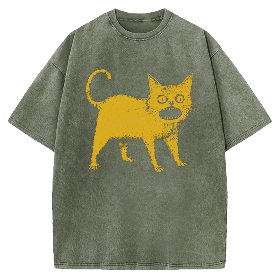 Yellow Surprised Cat Washed Crew Neck T-shirt