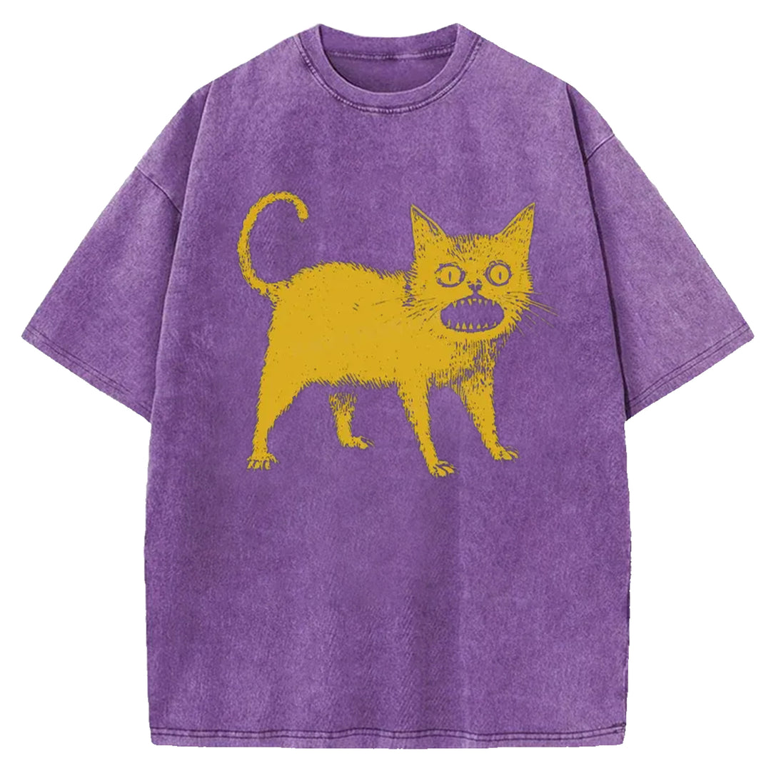 Yellow Surprised Cat Washed Crew Neck T-shirt