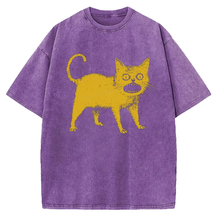 Yellow Surprised Cat Washed Crew Neck T-shirt