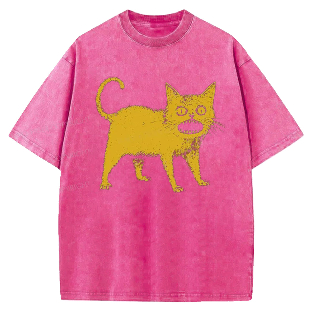 Yellow Surprised Cat Washed Crew Neck T-shirt