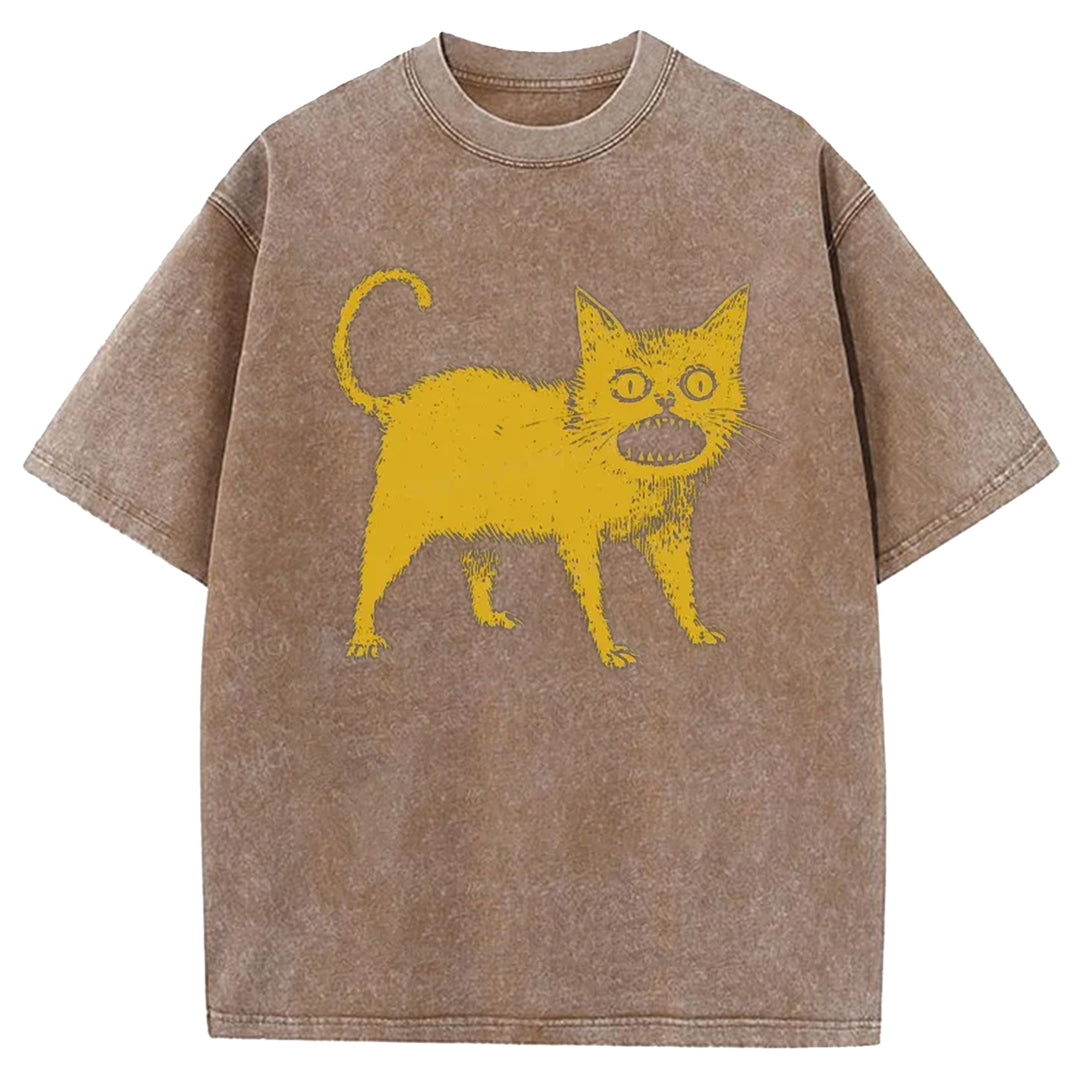 Yellow Surprised Cat Washed Crew Neck T-shirt