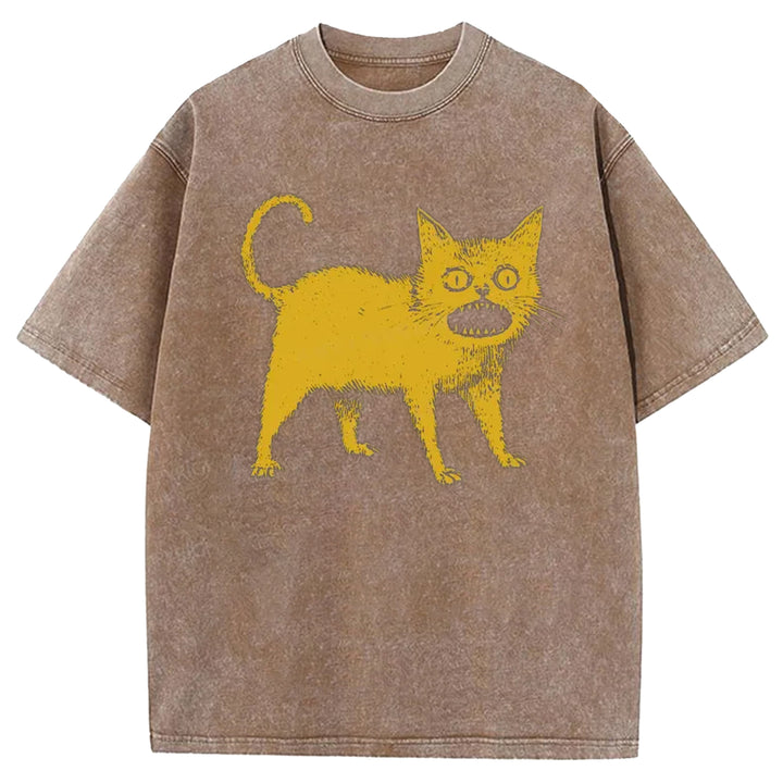 Yellow Surprised Cat Washed Crew Neck T-shirt