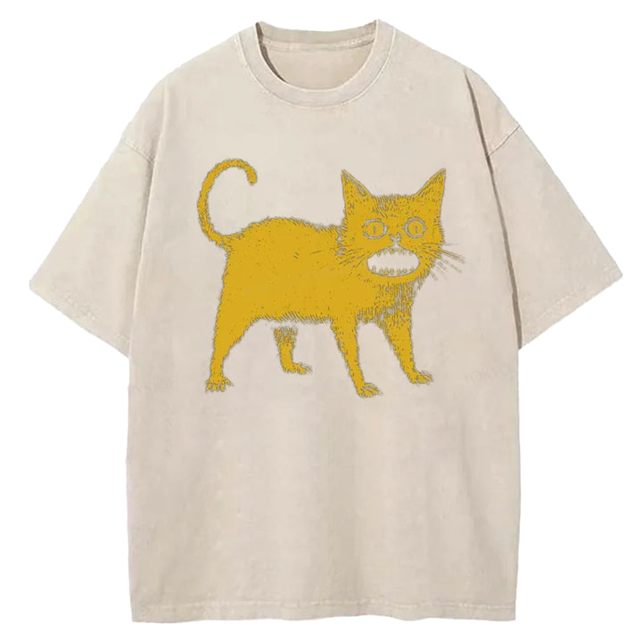 Yellow Surprised Cat Washed Crew Neck T-shirt
