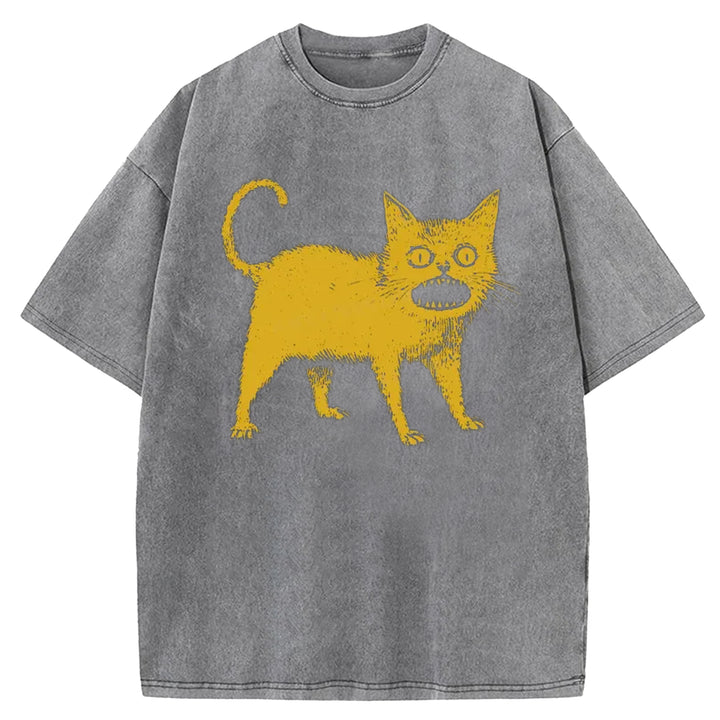Yellow Surprised Cat Washed Crew Neck T-shirt