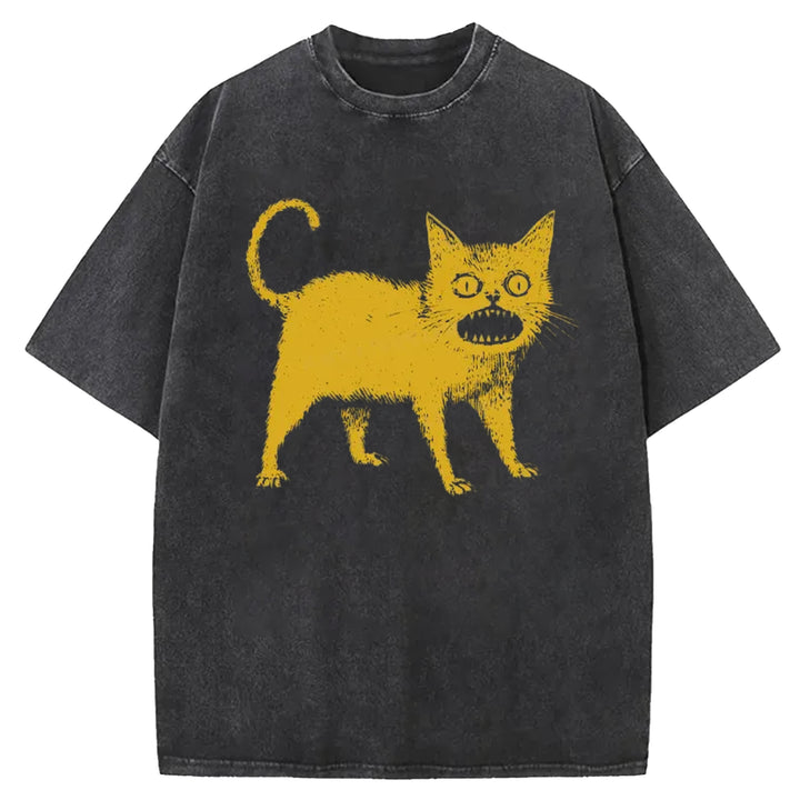 Yellow Surprised Cat Washed Crew Neck T-shirt