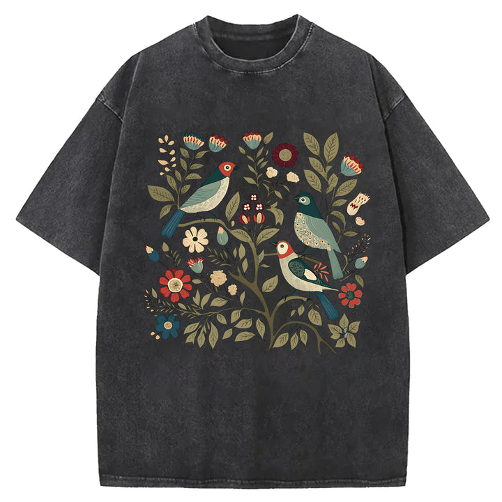 Vintage Flowers Design Washed Crew Neck T-Shirt