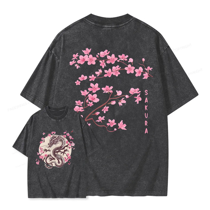 Sakura & Dragon Washed Crew Neck T-Shirt