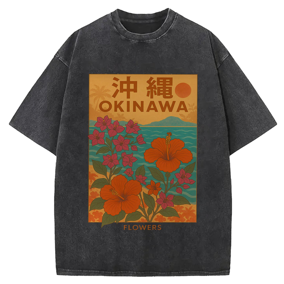 OKINAWA Flowers Design Washed Crew Neck T-Shirt