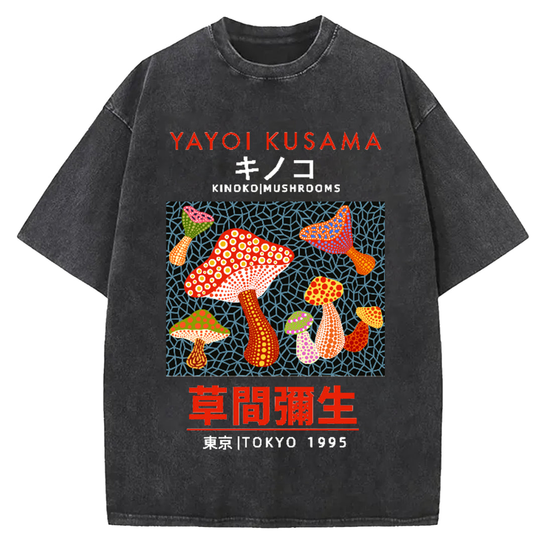 Yayoi Kusama Flower Vintage Japanese Design Washed Crew Neck T-Shirt