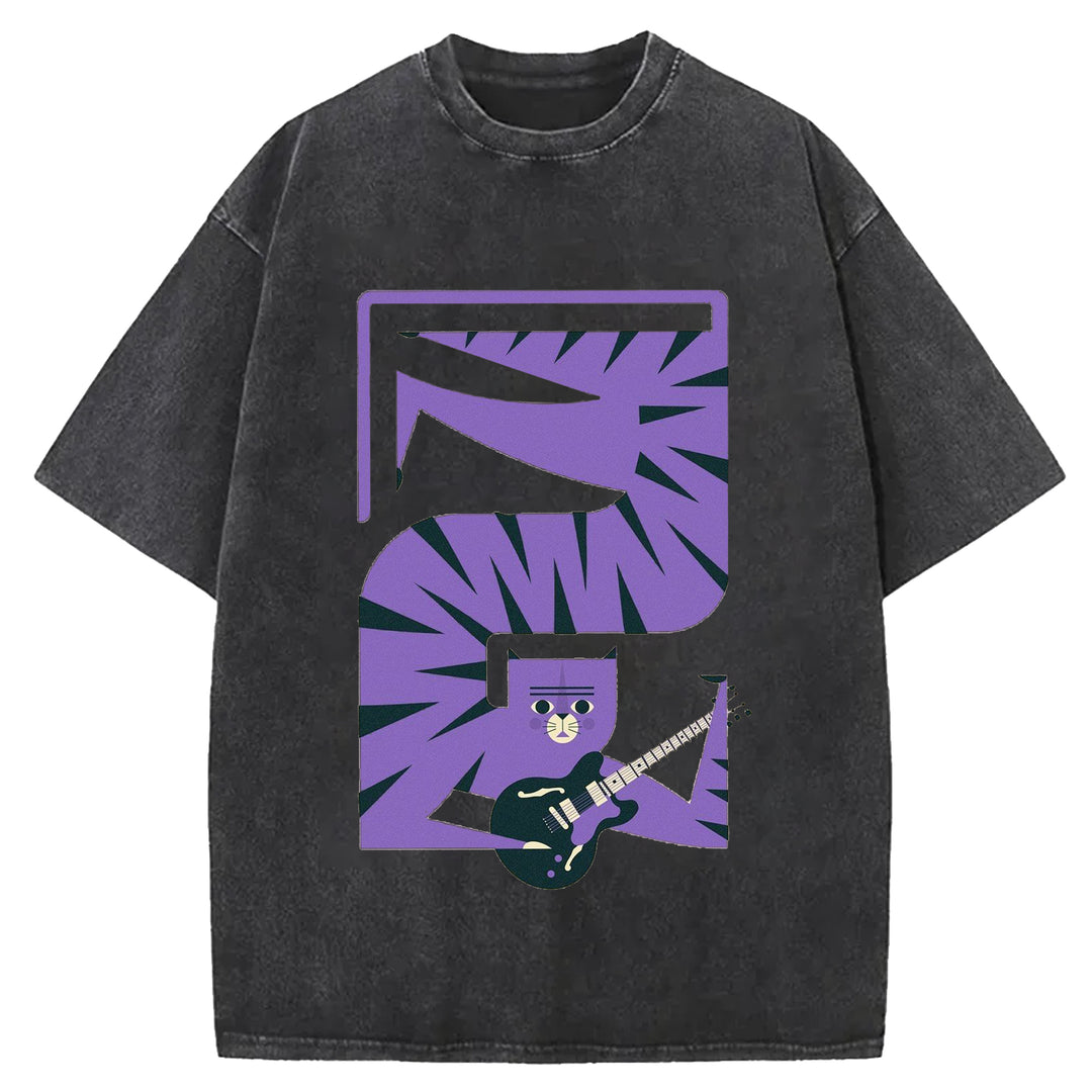 Cat and Guitar Abstract Art Washed Crew Neck T-Shirt