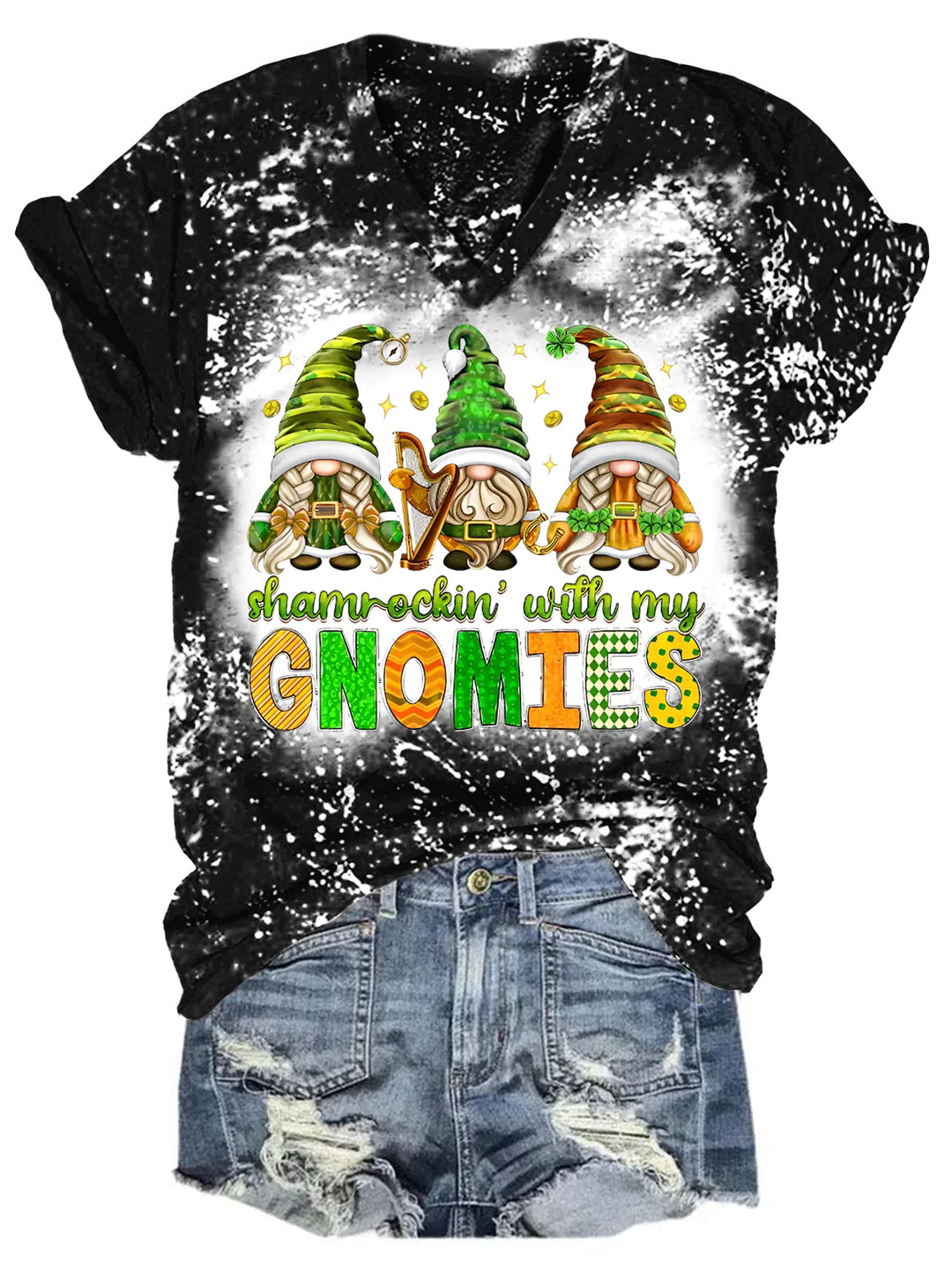 Shamrockin' With My Gnomies Saint Patrick's Bleaching V Neck T-shirt