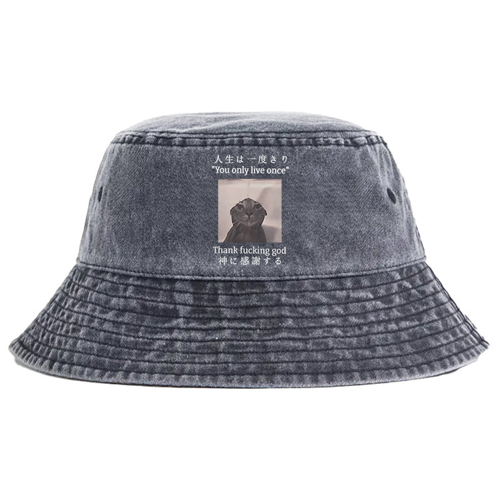 Funny Melancholy Cat Washed Bucket Hat