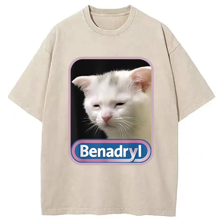 Benadryl Meme Cat Benny Cute Washed Crew Neck T-Shirt