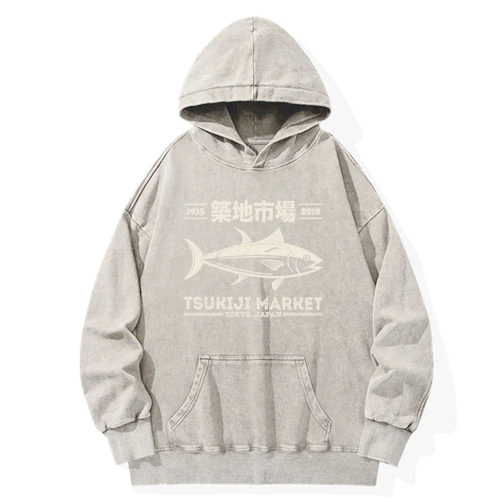 Retro Tsukiji Fish Market Streetwear Tokyo Washed Hoodie