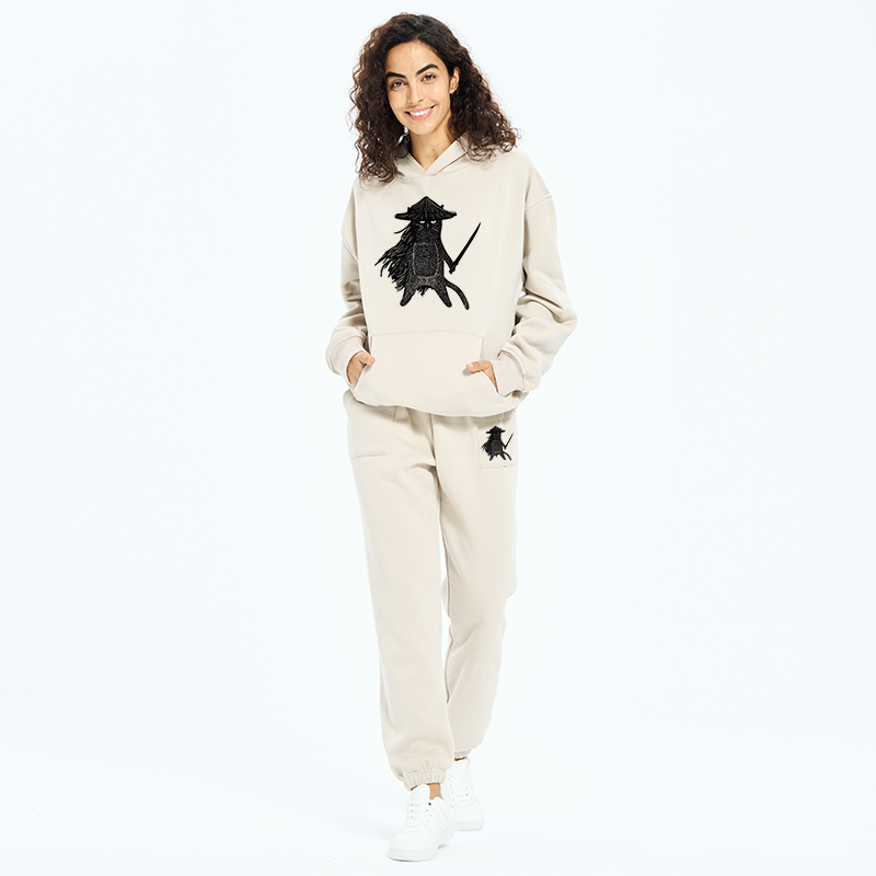 Japanese Samurai Cat Fleece Lined Hoodie Set